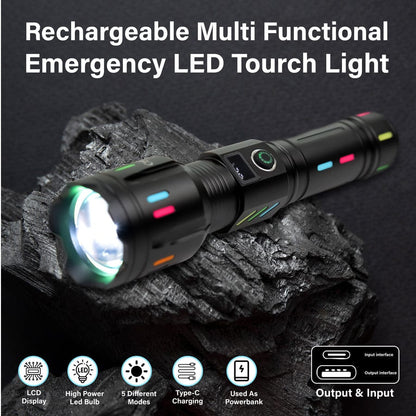 Rechargeable Multi-Functional LED Torch Light – High Power Emergency Flashlight with Power Bank & LCD Display