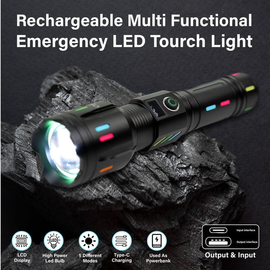 Rechargeable Multi-Functional LED Torch Light – High Power Emergency Flashlight with Power Bank & LCD Display